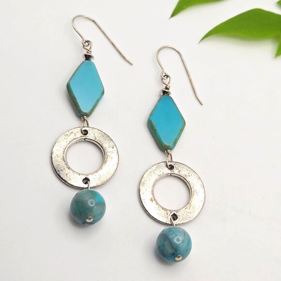 Unbranded Jewelry - Distressed Blue Glass and Silvertone Circles Blue Stone Drop Dangle Earrings